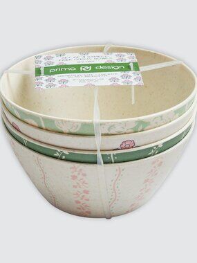 NWT Prima Design Bamboo Fiber Cereal Bowls Floral Green Pink 4 Eco Friendly